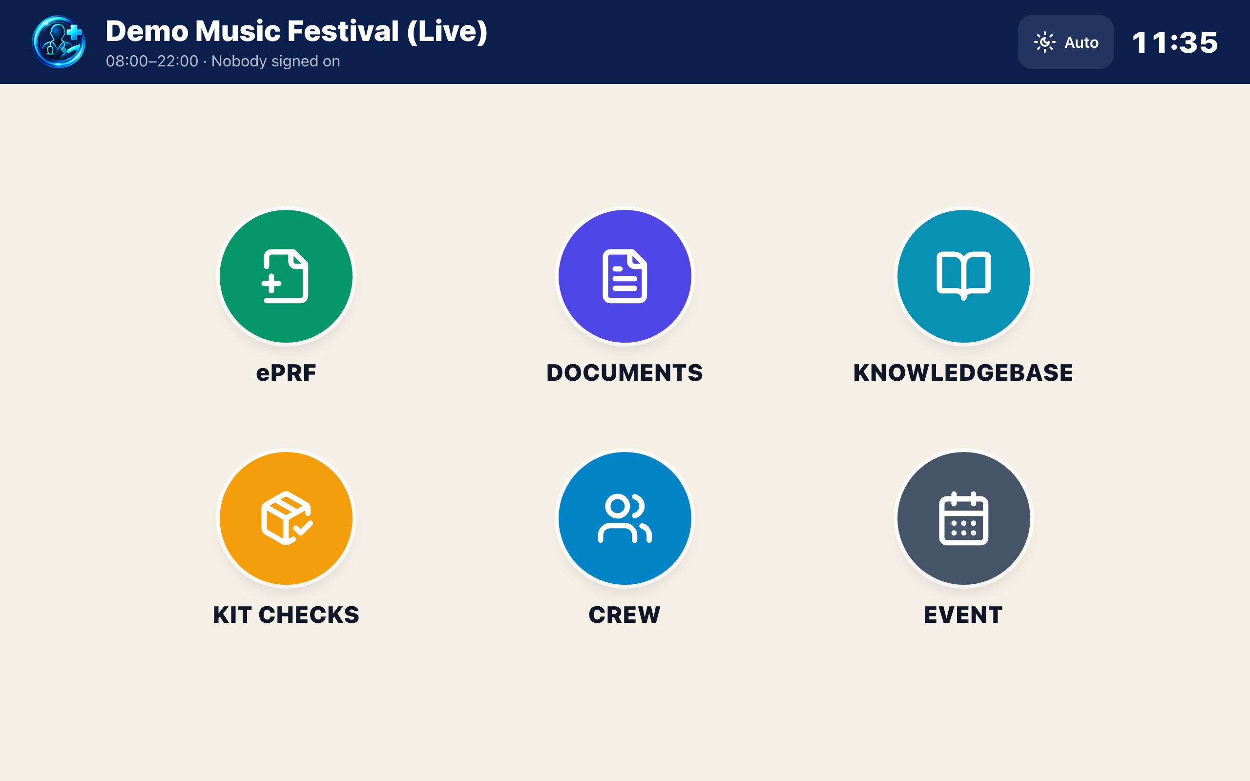 The PreHospital360 event tablet home screen with ePRF, documents, knowledgebase and kit checks